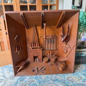 Wooden Folk Art Diorama Shadow Box Rustic Cabin Scene Mexico Vintage